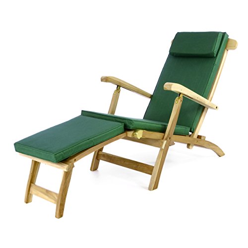 Divero eleganter Deckchair Florentine Liegestuhl Steamer Chair Teakholz unbehandelt inkl. Liegenauflage mit Kopfteil dunkelgrün wasserabweisend von Divero