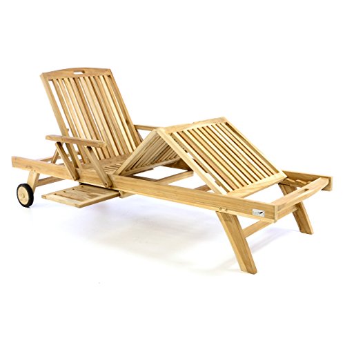 Divero Sonnenliege Garten Relax - Liege Teak - Holz inkl. Räder Tablett – Lehne & Fußteil mehrfach verstellbar – unbehandelt Natur behandelt (wählbar) (Teak Natur) von Divero