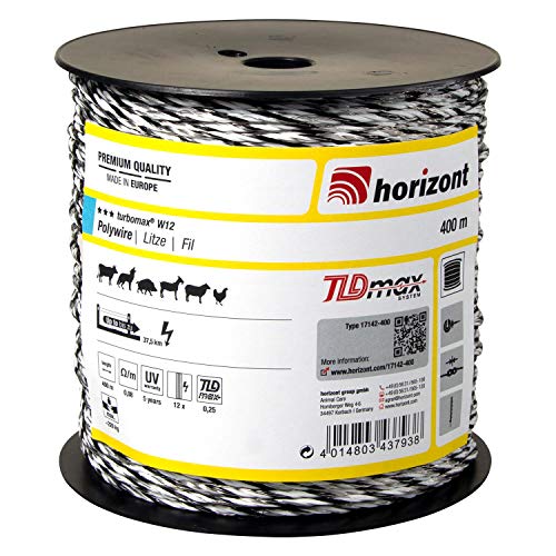 horizont Weidezaunlitze turbomax® W12, 400 m lang, weiß, 12x 0,25 mm TBmax-Leiter, 200 kg Bruchlast, für lange bis sehr lange Zäune mit starkem Bewuchs, Weidezaunband, Breitband Litze, Elektrozaun von horizont