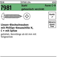 Blechschraube DIN 7981 LIKO m.Kreuzschlitz-PH C6,3 x 80 -H Stahl galvanisch verzinkt m.Spitze