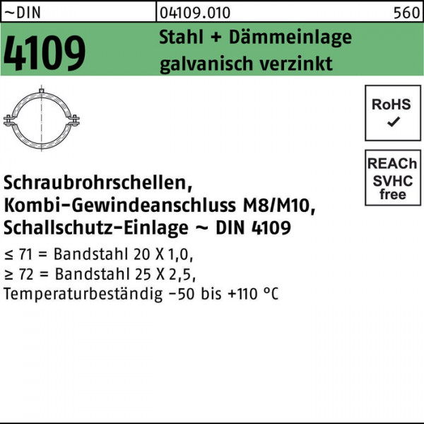 Schraubrohrschelle DIN 4109 57-61 M8/M10 Stahl+Dämmeinlage galv.ver... von Diverse