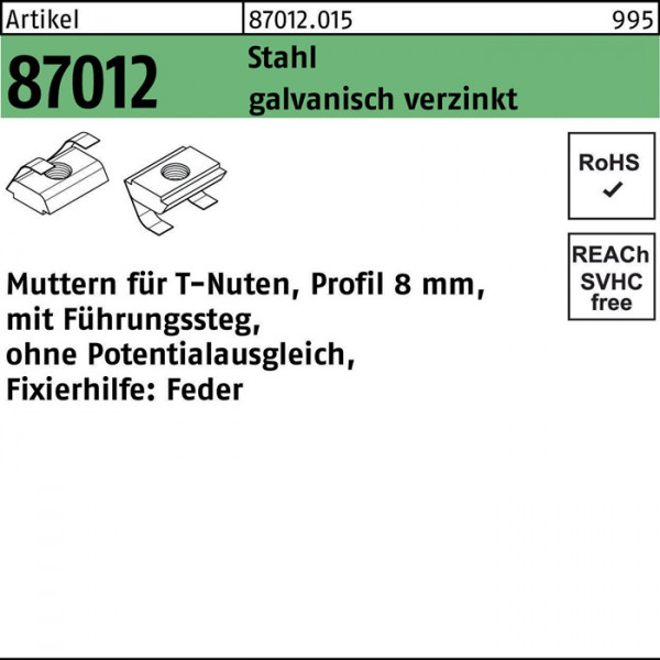 T-Nutenmutter R 87012 Führungssteg/o.Potenzialausgl. 8mm M6 galv.ve... von Diverse