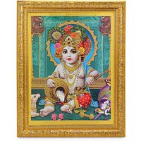 Bal Krishna Bhagwan Goldenes Zari-Kunstwerksfoto Im Goldenen Rahmen | 11 X 13 Zoll Oder | 27, 94 33, 02 cm von DivinedecorsIndia