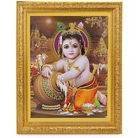 Bal Krishna Goldenes Zari-Kunstwerksfoto Im Goldenen Rahmen | 11 X 13 Zoll Oder | 27, 94 33, 02 cm von DivinedecorsIndia