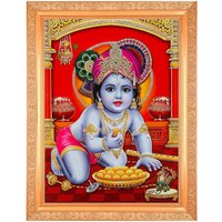 Bal Krishna Golden Zari Art Work Foto Im Goldenen Rahmen Groß | 14 X 18 Zoll von DivinedecorsIndia