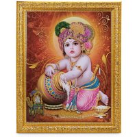 Bal Krishna Wunderschöner Glitzerdruck Elegantes Foto Im Goldenen Rahmen | 11 X 13 Zoll Oder | 27, 94 33, 02 cm von DivinedecorsIndia