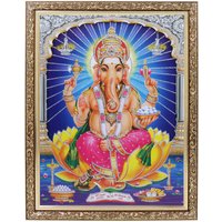 Ganesha Silber Zari Kunstwerk Foto in Kupfer Gold Rahmen Groß | 14 X 18 Zoll Bestes Einwarmungsgeschenk von DivinedecorsIndia