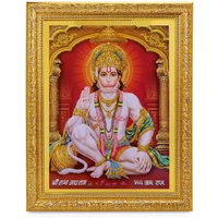 Hanumanji Gibt Ashirwad Goldenes Zari-Kunstwerksfoto Im Goldenen Rahmen | 11 X 13 Zoll Oder | 27, 94 33, 02 cm von DivinedecorsIndia