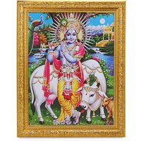 Krishna Bhagwan Silber Zari Kunst Arbeit Foto Im Goldenen Rahmen | 11 X 13 Zoll Oder | 27, 94 33, 02 cm von DivinedecorsIndia