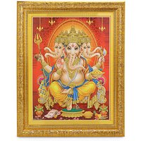 Panchmukhi Ganesha Goldenes Zari-Kunstwerksfoto Im Goldenen Rahmen | 11 X 13 Zoll Oder | 27, 94 33, 02 cm von DivinedecorsIndia