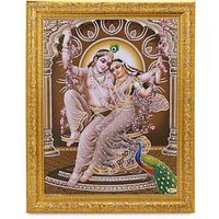 Radha Krishna Auf Schaukel Silber Zari Art Work Foto Im Goldenen Rahmen Erhältlich in 2 Größen von DivinedecorsIndia