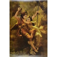 Radha Krishna On Swing Gemälde Druck Mit Texturbeschichtung Poster Ohne Rahmen | 25 X 36 Zoll von DivinedecorsIndia