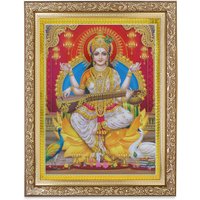Saraswati Maa Golden Zari Kunstwerk Foto Im Goldenen Rahmen | 11 X 13 Zoll Oder | 27, 94 33, 02 cm {{ Erhältlich in 2 Designs}} von DivinedecorsIndia