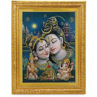 Shiv Parivar Golden Zari Kunst Arbeit Foto Im Goldenen Rahmen | 11 X 13 Zoll Oder | 27, 94 33, 02 cm von DivinedecorsIndia