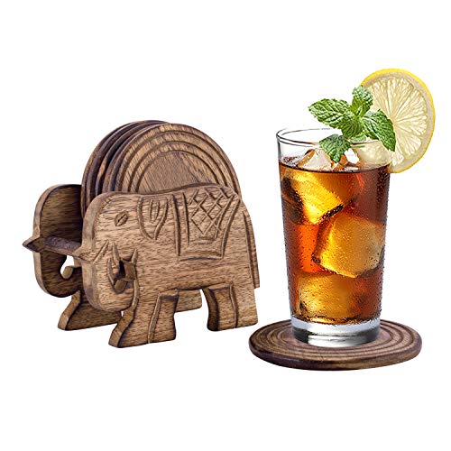 6er -Set handgefertigter Getränke-Untersetzer aus Holz: umweltfreundlich, saugfähig, mit antiker Optik. (Elephant) von Divit Coasters