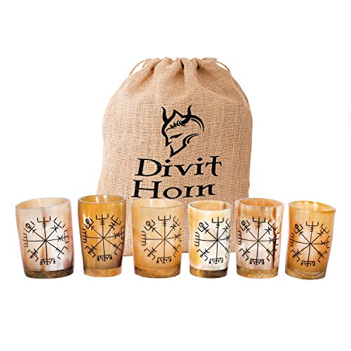 Divit Authentisches Horn-Schnapsgläser (6er-Set) mit Messing-Rand | Authentisches mittelalterliches Biertrinkhorn | Leinen-Geschenkbeutel inklusive | 148 ml (5 oz). von Divit Horn