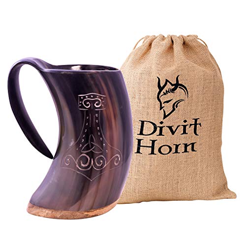 Divit Authentisches Wikingerhorn Bierkrug | Authentisches mittelalterliches Biertrinkhorn | Leinen-Geschenkbeutel inklusive | 700 ml (24 oz) Fassungsvermögen von Divit Horn