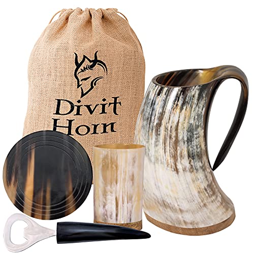 Divit Authentisches Wikingerhorn | Der Archaische Bierkrug | Königliches Flair; Trinken Sie Aus Einem Echten Ochsenhornbecher (Natural Mug Set, 650-700 ml) von Divit Horn