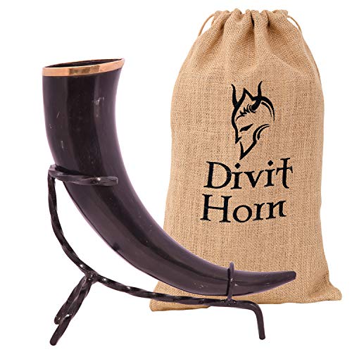 Divit Echtes Wikinger-Trinkhorn mit Hornständer | Authentisches mittelalterliches Biertrinkhorn | Messingverzierungen & Leinen-Geschenkbeutel inklusive | 450-500 ml Fassungsvermögen. von Divit Horn