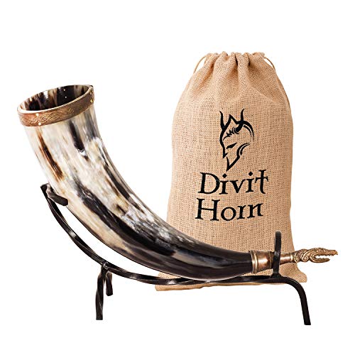Divit Echtes Wikinger-Trinkhorn mit Eisenständer | Authentisches mittelalterliches Biertrinkhorn | Messingverzierungen & Leinen-Geschenkbeutel inklusive | 450-500 ml Fassungsvermögen. von Divit Horn