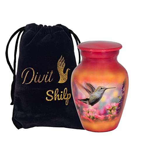 Divit Shilp Kleine Urne für Andenken mit Samt-Etui, erhältlich aus einzigartigen Farben, schöner Mini-Metall-Spielstein für menschliche Asche oder Haustiere. (Kolibri-Rot, Andenken) von Divit Shilp