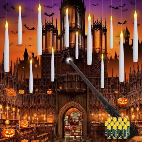 Dixmas Schwebende Kerzen mit Zauberstab Fernbedienung und Batterien, 12 Stück Fliegende Schwimmende LED Kerzen,Flammenlose Hängende Kegelkerze für Weihnachten Halloween Party Deko von Dixmas