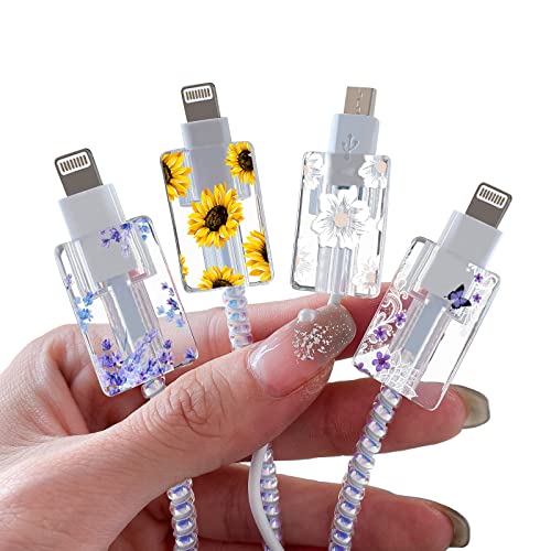 DiyGody 4 Stück Anti-Breaking KabelSchutz Kompatibel mit iPhone, Niedliche Typ-C/L Kabelschutz mit Blumen Muster für Frauen, Datenleitung Draht Saver, Anti-Biss-Zubehör Kabelverschraubung Protectors von DiyGody