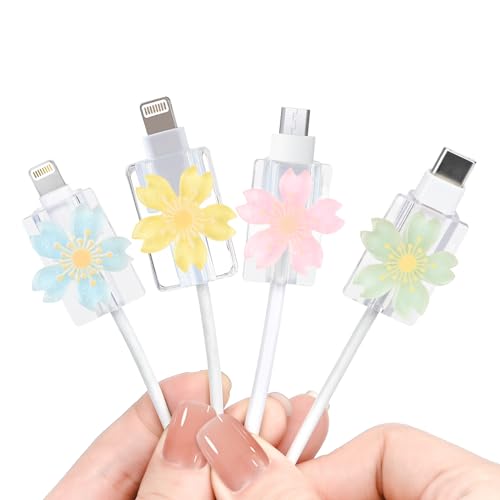 DiyGody 4 Stück Datenkabel USB Type-C Schutzhülle mit 3D Blume Muster für iPhone & Android, Kabelschutz Anti-Breaking-Zubehör Datenleitung Draht Saver, Glitzernd Kabelschoner Kabelschützer für Mädchen von DiyGody