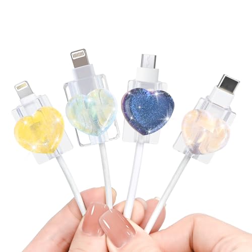 DiyGody 4 Stück Datenkabel USB Type-C Schutzhülle mit 3D-Herz Muster für iPhone & Android, Kabelschutz Anti-Breaking-Zubehör Datenleitung Draht Saver, Glitzernd Kabelschoner Kabelschützer für Mädchen von DiyGody