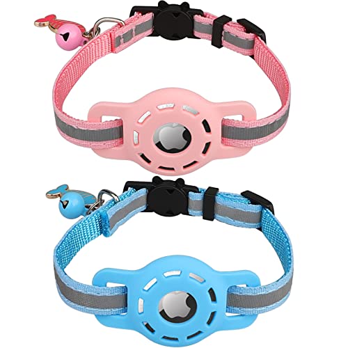 Diyife Airtag Katzenhalsband, [2er Pack] Reflektierend GPS Leichte Tracker Katzenhalsbänder mit Airtag Hülle, Schnellverschluss, Glöckchen, 20-33 cm Verstellbar für Katzen Kitten, Blau & Rosa von Diyife