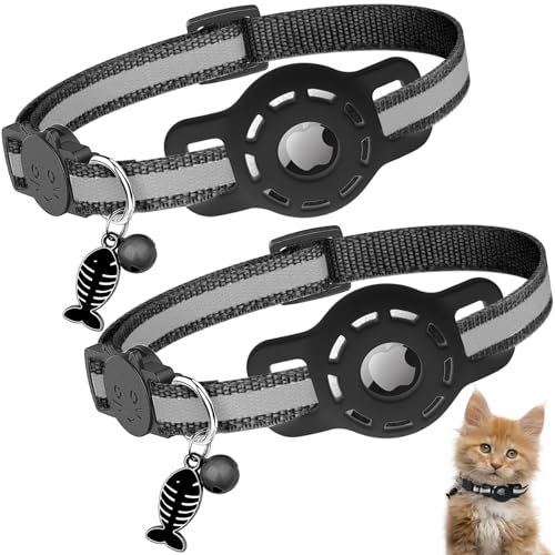 Katzenhalsband Kompatibel mit Airtag, [2er Pack] Reflektierend GPS Leichte Tracker Katzenhalsbänder mit Airtag Hülle, Schnellverschluss, Glöckchen, 20-33 cm Verstellbar für Katzen Kitten, Schwarz von Diyife