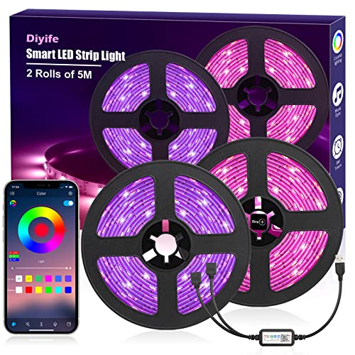 Diyife LED Strip 10M(2x5M), [App Smart Steuerung] RGB 300 LEDs Streifen USB-Schnittstelle Lichterkette Band, Musik/Sprachsynchronisation Farbe Ändern DIY Fernseher, Sofa, Vorhang von Diyife