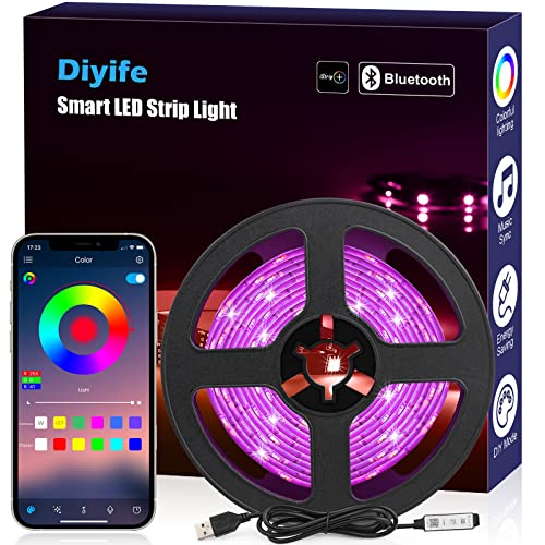 Diyife LED Strip [App & Button Steuerung], 3M RGB LED Streifen Bluetooth-Verbindung, USB-Schnittstelle Flexibel Lichterkette Band, Timer/Musik/Sprachsynchronisation Farbe Ändern DIY Computer, Autos von Diyife