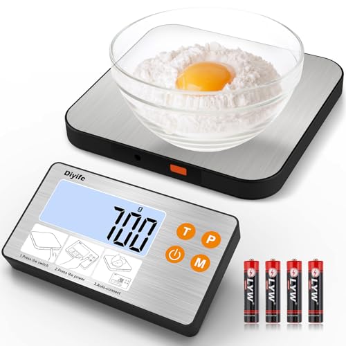 Geteilt Küchenwaage aus Edelstahl, 2025 Neueste Küchenwaage 15KG Lebensmittelwaage Digitalwaage mit Hintergrundbeleuchtetem LCD Display, Flüssigkeitsmessung, Zählfunktion, Tara, Batterien inklusive von Diyife