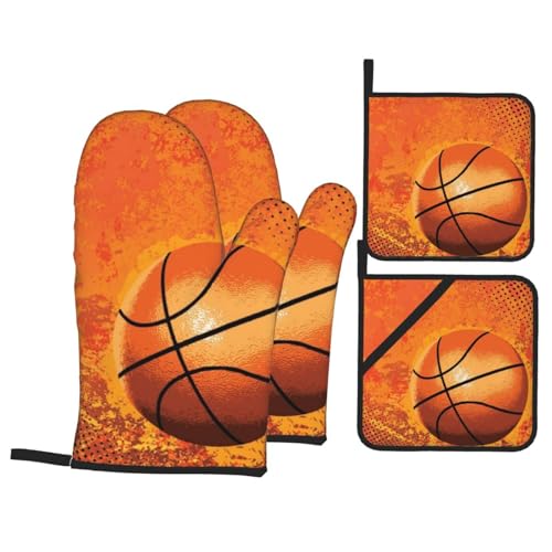 Basketball-Ofenhandschuhe und Topflappen, 4-teiliges Set, hitzebeständig, für Grillen, Kochen, Mikrowelle, leicht zu reinigen von Djnni