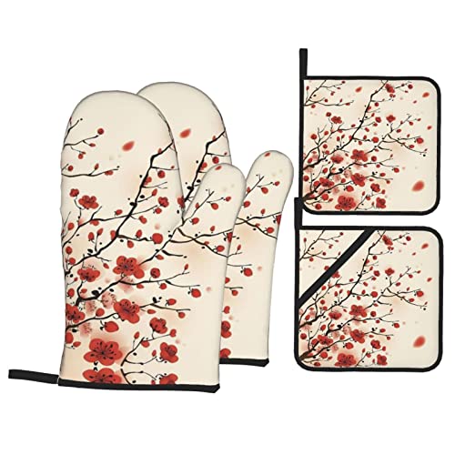 Japanische Ofenhandschuhe und Topflappen, Frühlingsblumen, 4-teiliges Set, hitzebeständig, für Grillen, Kochen, Mikrowelle, leicht zu reinigen von Djnni