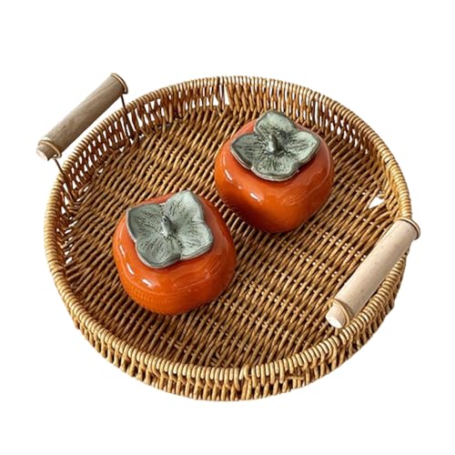 Djowyh Runde Rattan Serviertablett | Rundes Rattan Tablett | Rattan Aufbewahrungstablett | Rattan Serviertablett Mit Griff | Servierkörbe Aus Weidengeflecht Zum Organisieren Von Tisch-, Badezimmer von Djowyh