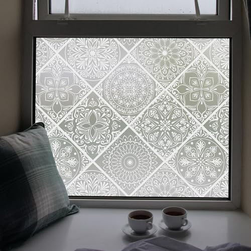 DKTIE Boho-Stil Buntglas-Fensterfolie mit Installationswerkzeugen, wasserdichte Fenster-Sichtschutzfolie für Badezimmer, Schlafzimmer, Küche (B110-weiß, 45 x 199,9 cm) von Dktie