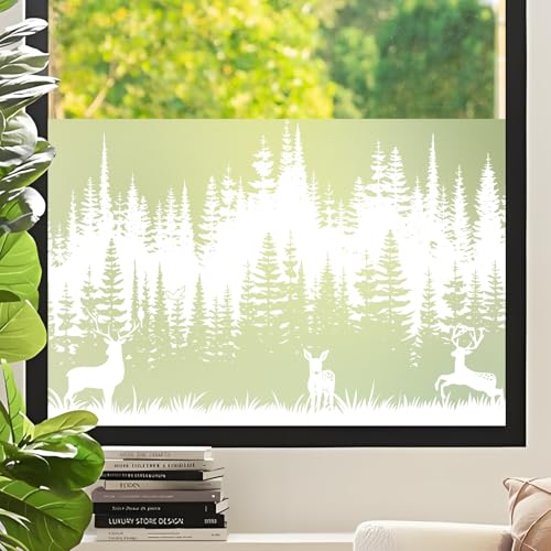 DKTIE Fensterfolie Blickdicht Sichtschutzfolie Fenster Milchglasfolie Waldmuster Statisch Haftend Anti-UV Kein Kleber Wiederverwendbar Geeignet für Wohnzimmer, Schlafzimmer (01, 90 x 200 cm) von Dktie