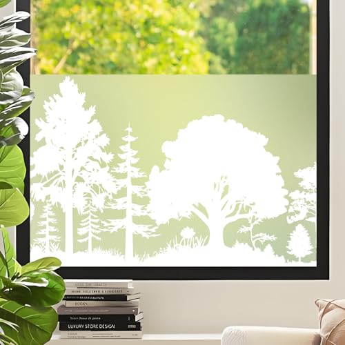 DKTIE Fensterfolie Blickdicht Sichtschutzfolie Fenster Milchglasfolie Waldmuster Statisch Haftend Anti-UV Kein Kleber Wiederverwendbar Geeignet für Wohnzimmer, Schlafzimmer (02, 90 x 200 cm) von Dktie