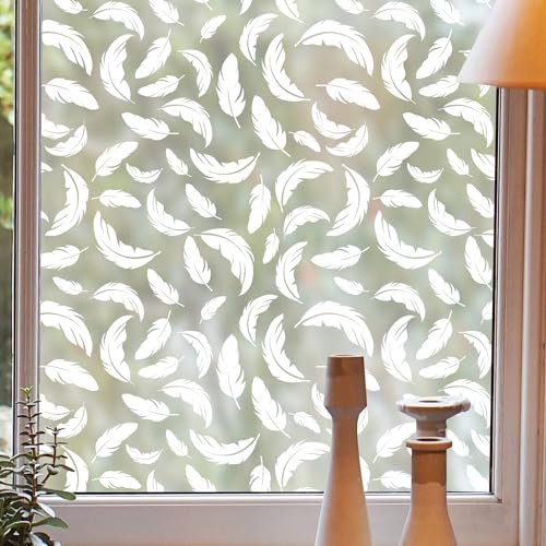 dktie Fensterfolie Blickdicht Fenster Sichtschutzfolie Milchglasfolie Federmuster Statische Aufkleber ohne Klebstoff Wiederverwendbar Geeignet für Wohnzimmer, Schlafzimmer, Küche 44.5x200cm (03) von Dktie