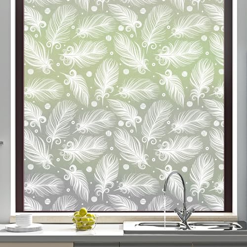 dktie Fensterfolie Blickdicht Fenster Sichtschutzfolie Milchglasfolie Federmuster Statische Aufkleber ohne Klebstoff Wiederverwendbar Geeignet für Wohnzimmer, Schlafzimmer, Küche 44.5x200cm (02) von Dktie