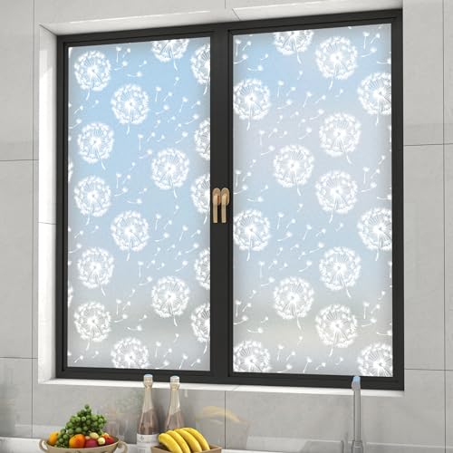 dktie Fensterfolie Blickdicht Fenster Sichtschutzfolie Milchglasfolie Löwenzahn Muster Statische Aufkleber ohne Klebstoff Wiederverwendbar Geeignet für Wohnzimmer, Schlafzimmer, Küche 44.5x200cm (03) von Dktie