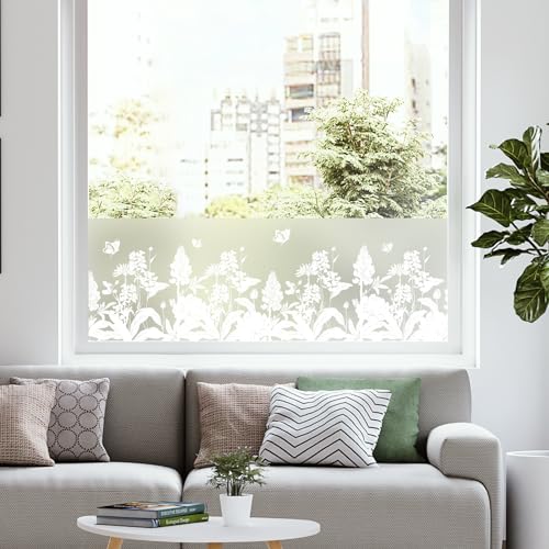 dktie Fensterfolie Blickdicht Sichtschutzfolie Fenster Milchglasfolie Blumenmuster Statische Aufkleber ohne Klebstoff Wiederverwendbar Geeignet für Wohnzimmer, Schlafzimmer, Küche 44.5x200cm von Dktie