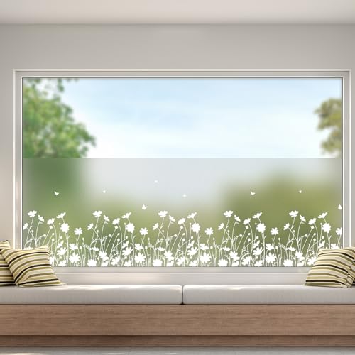 dktie Fensterfolie Blickdicht Sichtschutzfolie Fenster Milchglasfolie Blumenmuster Statische Aufkleber ohne Klebstoff Wiederverwendbar Geeignet für Wohnzimmer, Schlafzimmer, Küche 90x200cm von Dktie