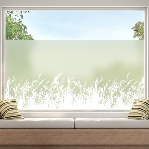 dktie Fensterfolie Blickdicht Sichtschutzfolie Fenster Milchglasfolie Pflanzen und Gras Statische Aufkleber ohne Klebstoff Wiederverwendbar Geeignet für Wohnzimmer, Schlafzimmer, Küche 90x200cm von Dktie