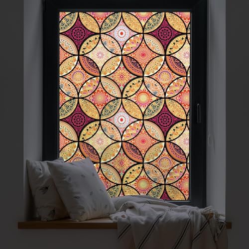 dktie Fensterfolie Blickdicht Sichtschutzfolie Milchglasfolie Dekorfolie Glasmalerei Fensterfolie Kreismuster Statische Aufkleber ohne Klebstoff Wiederverwendbar (Orange, 44.5X200CM) von Dktie