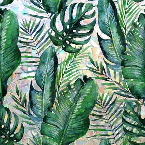 dktie Fensterfolie Blickdichte Monstera Regenbogen Optik Fensterfolie Sichtschutzfolie für Fenster Wärmedämmende Fensterfolie Anti-UV Sonnenschutz, Sichtschutz, Blendschutz, 90x200cm von Dktie
