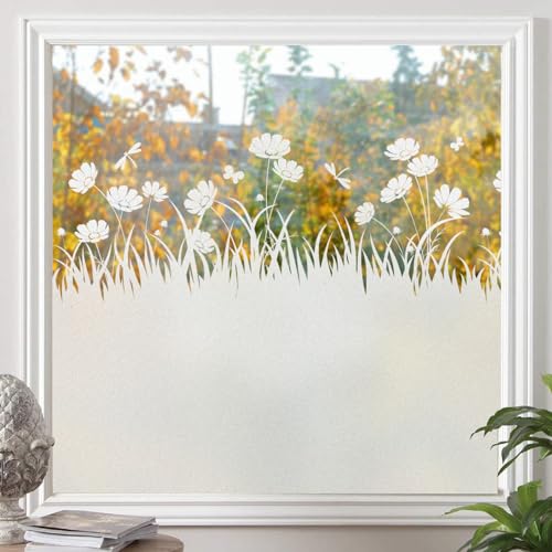 dktie Fensterfolie Mattiertes Muster Dekorative Fensterfolie Statisch Haftend (Blumen & Gras, 90x200cm) von Dktie