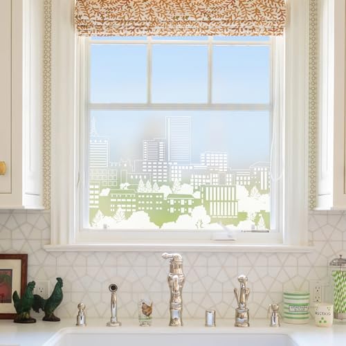 dktie Fensterfolie Sichtschutzfolie Dekorative Fensterfolie Mit Weiße Stadtgebäude Blickdichte Milchglasfolie Statisch haftend, Ohne Kleber, UV-Schutz, Sichtschutz, Blendschutz 90x200cm von Dktie